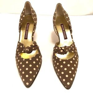 WALTER STEIGER-VINTAGE BROWN/IVORY PODKA DOT SILK SHOES-SIZE-9-NEW, NEVER WORN!!